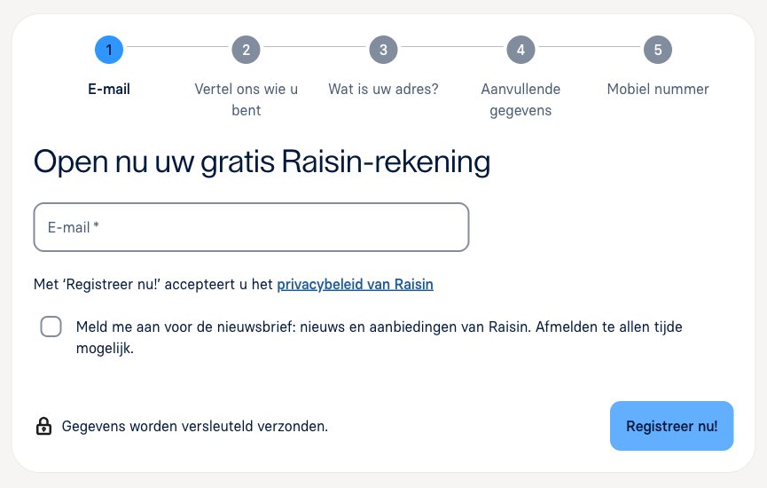 Aanmeldscherm van Raisin met vijf stappen: e-mail, persoonsgegevens, adres, aanvullende gegevens en mobiel nummer